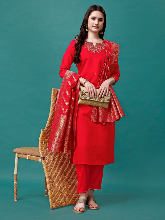 Hand Embroidered Kurta With Pant & Banarasi Jacquard Dupatta Premium, Multicolor - Hiral Fashion