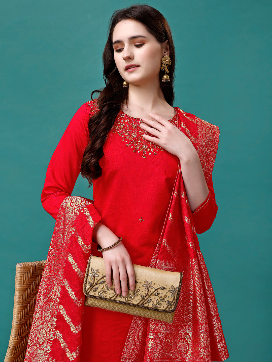 Hand Embroidered Kurta With Pant & Banarasi Jacquard Dupatta Premium, Multicolor - Hiral Fashion
