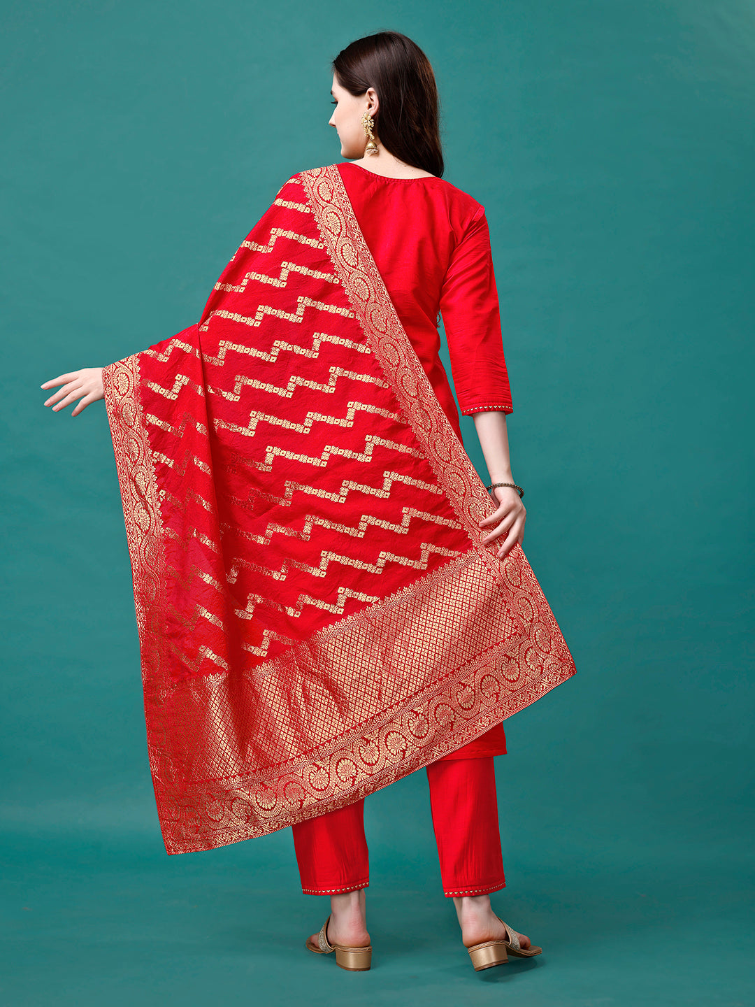 Hand Embroidered Kurta With Pant & Banarasi Jacquard Dupatta Premium, Multicolor - Hiral Fashion