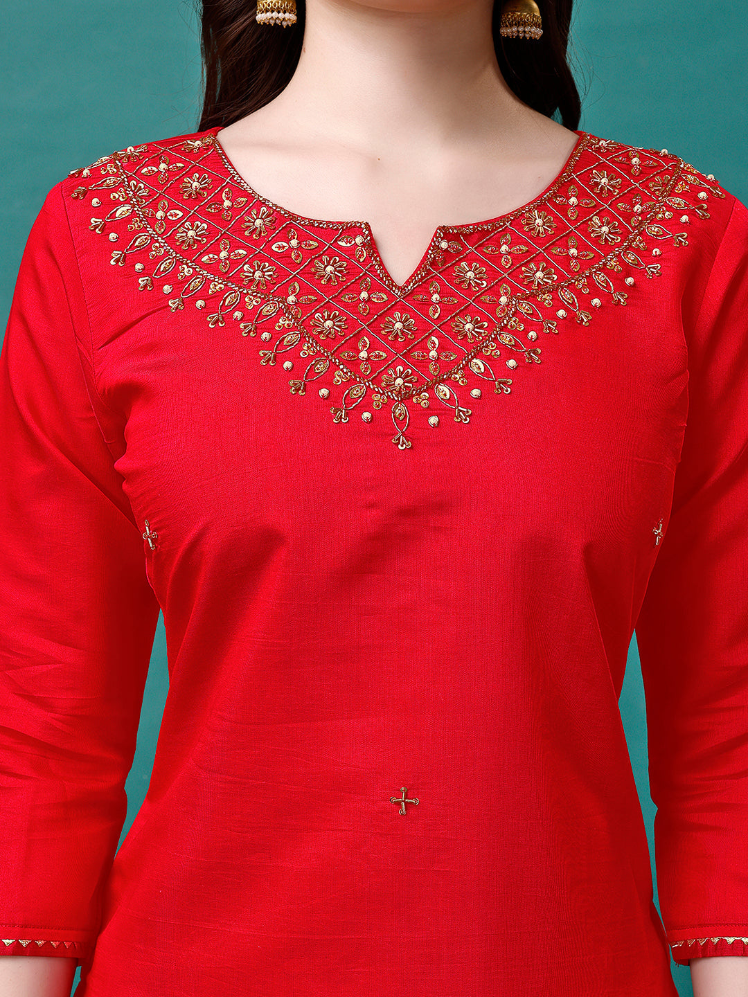 Hand Embroidered Kurta With Pant & Banarasi Jacquard Dupatta Premium, Multicolor - Hiral Fashion