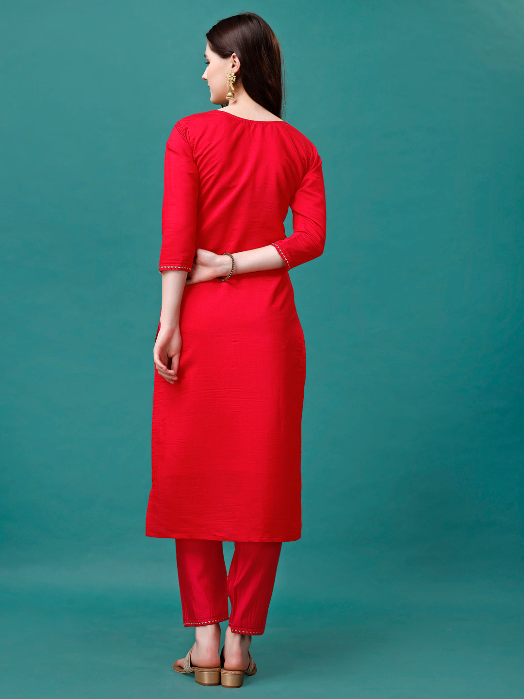 Hand Embroidered Kurta With Pant & Banarasi Jacquard Dupatta Premium, Multicolor - Hiral Fashion