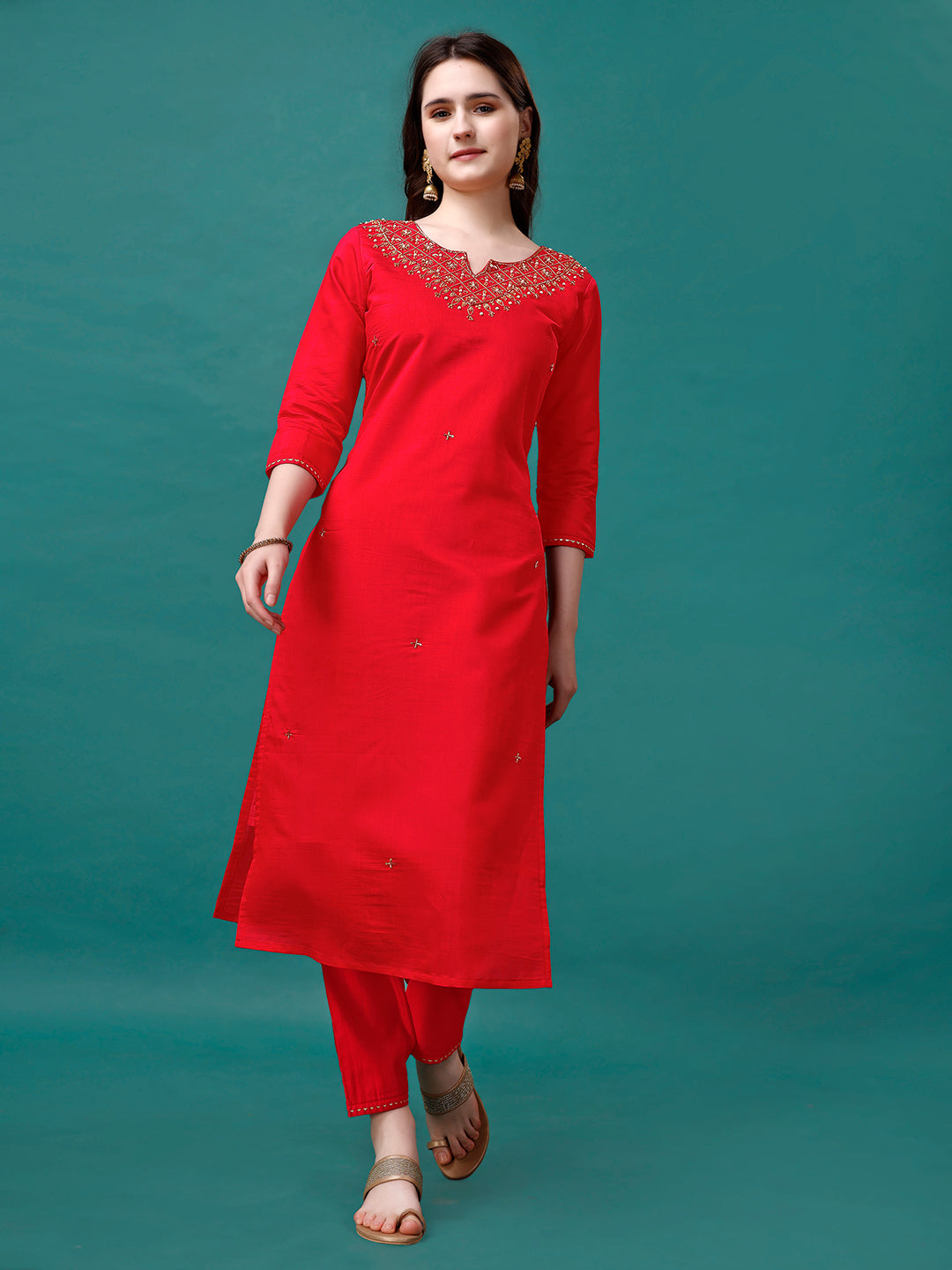 Hand Embroidered Kurta With Pant & Banarasi Jacquard Dupatta Premium, Multicolor - Hiral Fashion