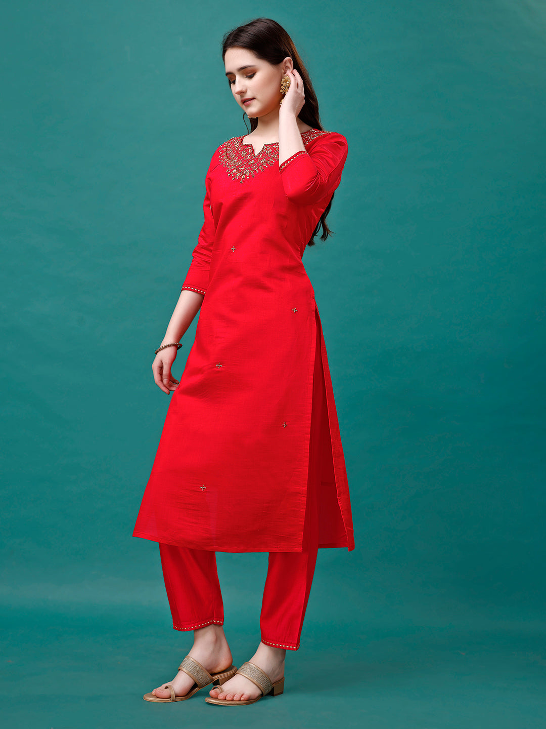 Hand Embroidered Kurta With Pant & Banarasi Jacquard Dupatta Premium, Multicolor - Hiral Fashion