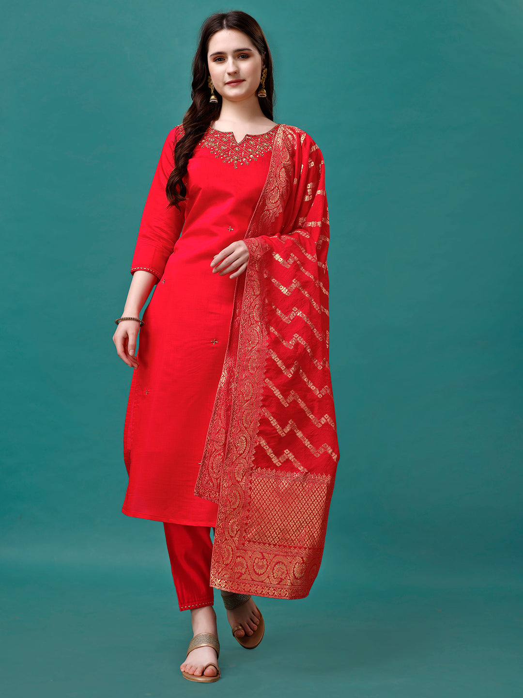 Hand Embroidered Kurta With Pant & Banarasi Jacquard Dupatta Premium, Multicolor - Hiral Fashion