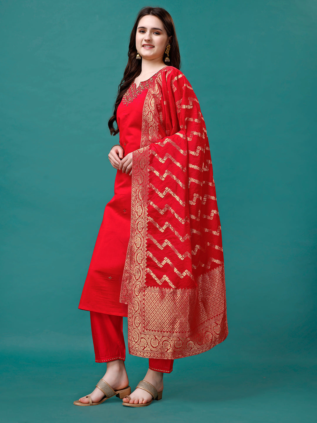 Hand Embroidered Kurta With Pant & Banarasi Jacquard Dupatta Premium, Multicolor - Hiral Fashion