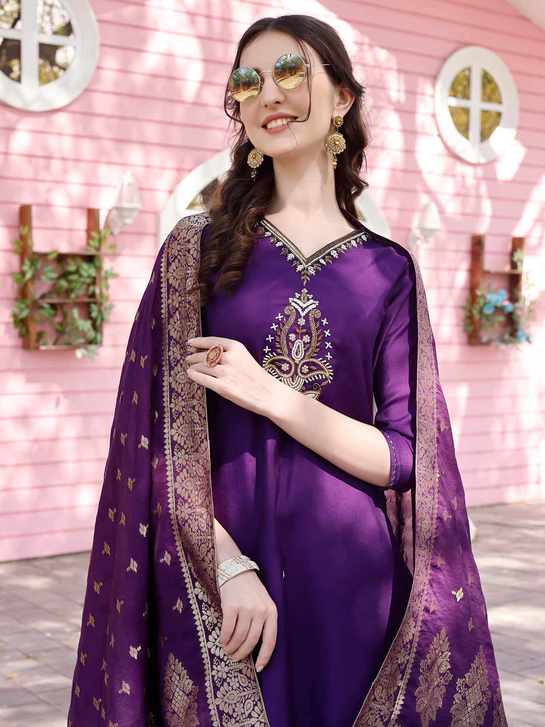 Hand Embroidered Purple Kurta With Pant & Banarasi Jacquard Dupatta Premium, Multicolor - Hiral Fashion