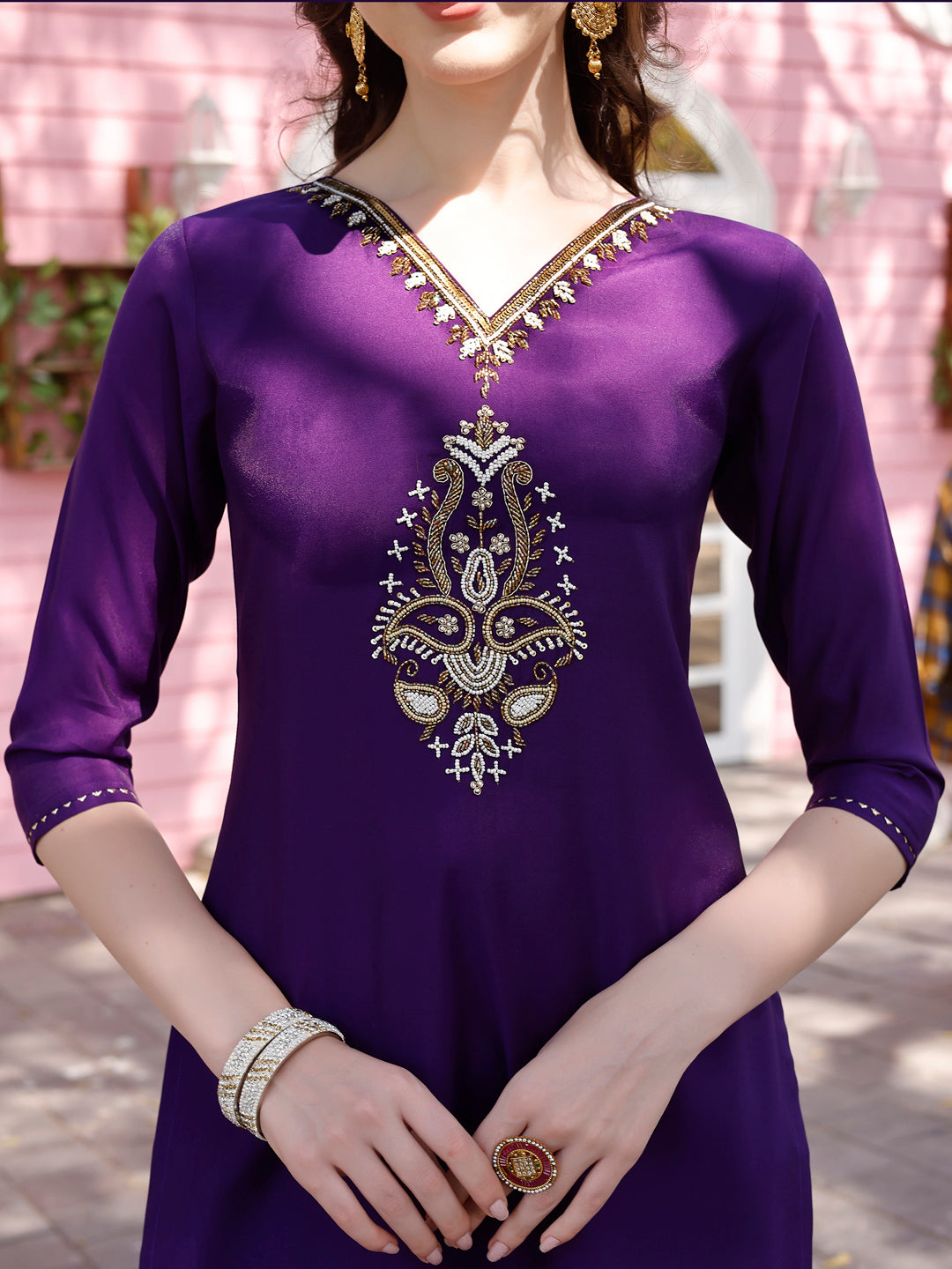 Hand Embroidered Purple Kurta With Pant & Banarasi Jacquard Dupatta Premium, Multicolor - Hiral Fashion