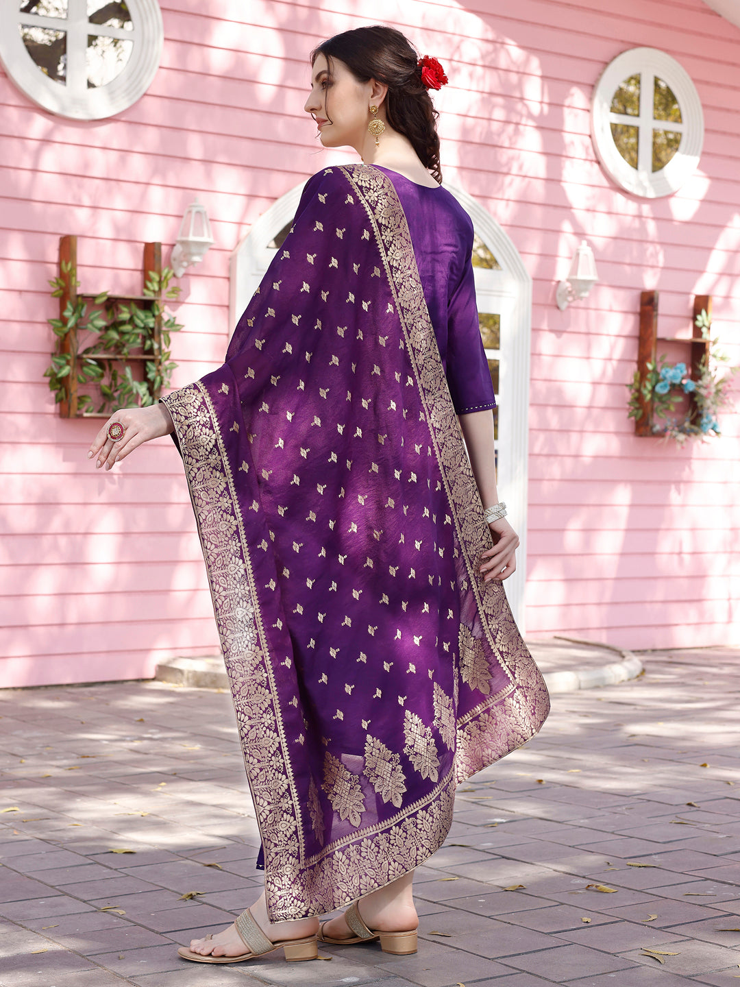 Hand Embroidered Purple Kurta With Pant & Banarasi Jacquard Dupatta Premium, Multicolor - Hiral Fashion