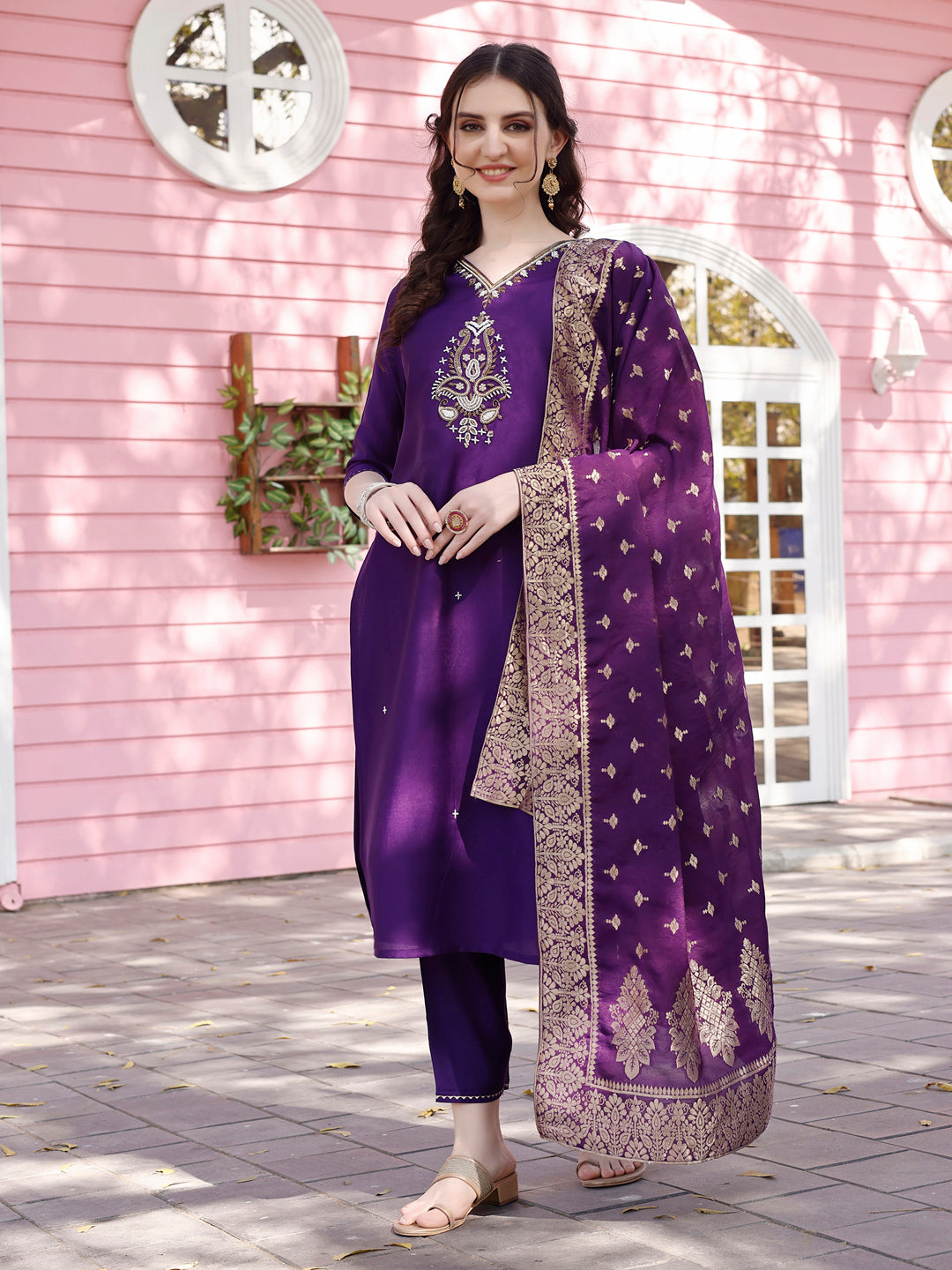 Hand Embroidered Purple Kurta With Pant & Banarasi Jacquard Dupatta Premium, Multicolor - Hiral Fashion