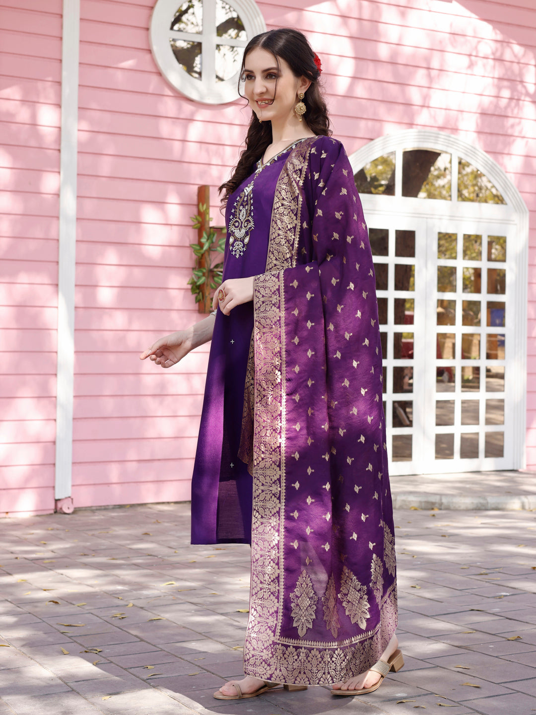 Hand Embroidered Purple Kurta With Pant & Banarasi Jacquard Dupatta Premium, Multicolor - Hiral Fashion
