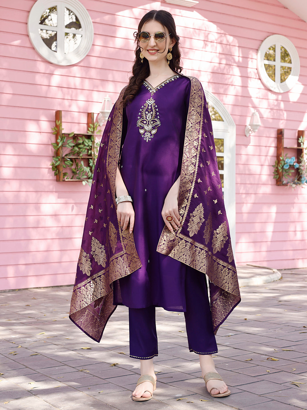 Hand Embroidered Purple Kurta With Pant & Banarasi Jacquard Dupatta Premium, Multicolor - Hiral Fashion