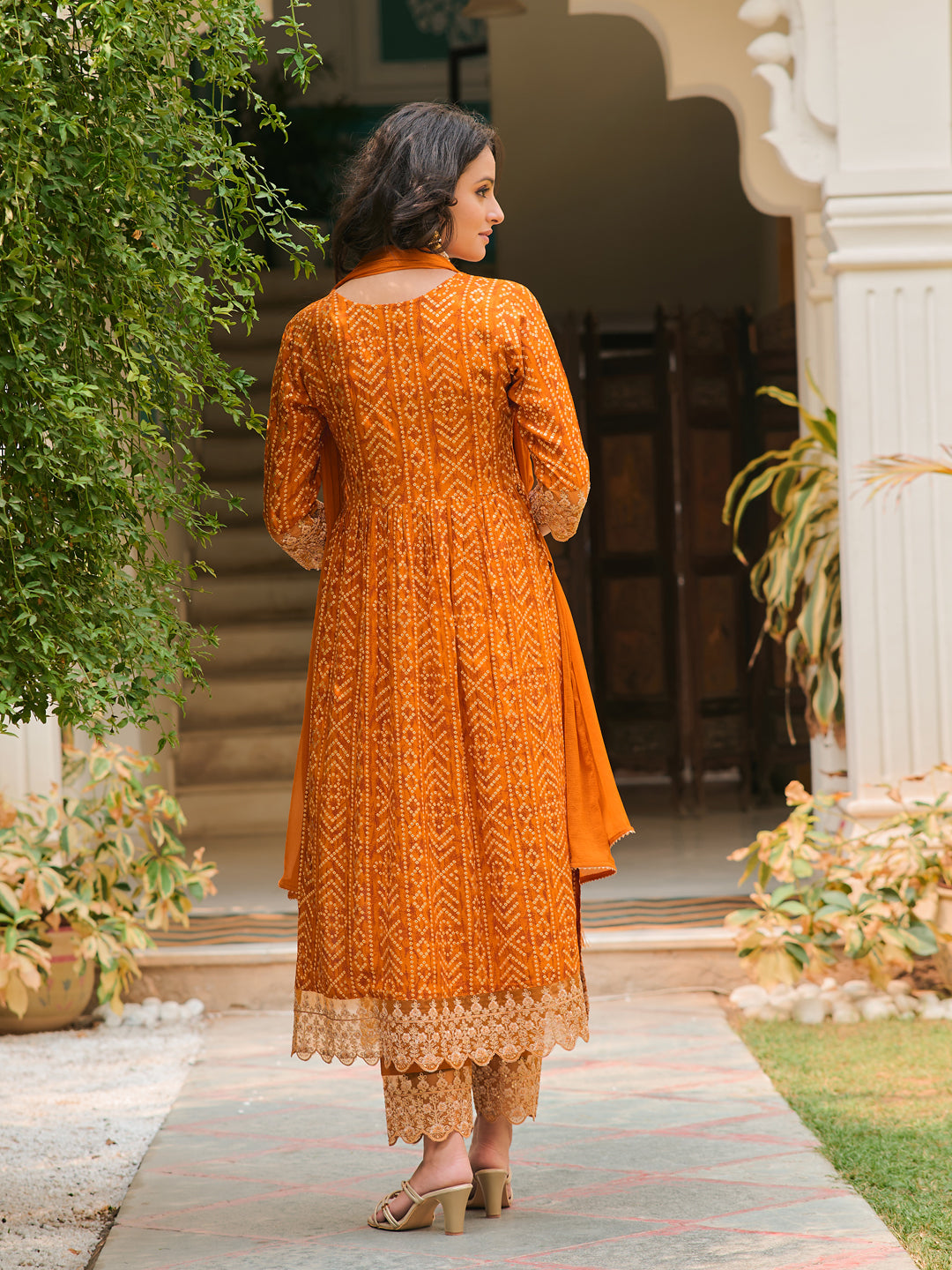 Nyra Cut Embroidered & Bandhani Printed Kurta With Lace Embroidered Pant & Dupatta, Mustard - Hiral Fashion