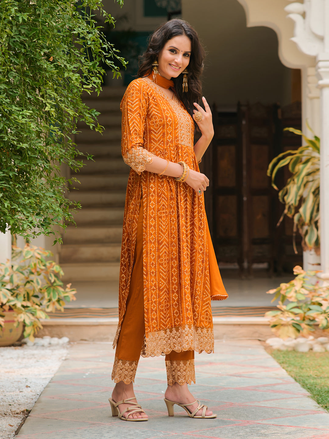 Nyra Cut Embroidered & Bandhani Printed Kurta With Lace Embroidered Pant & Dupatta, Mustard - Hiral Fashion