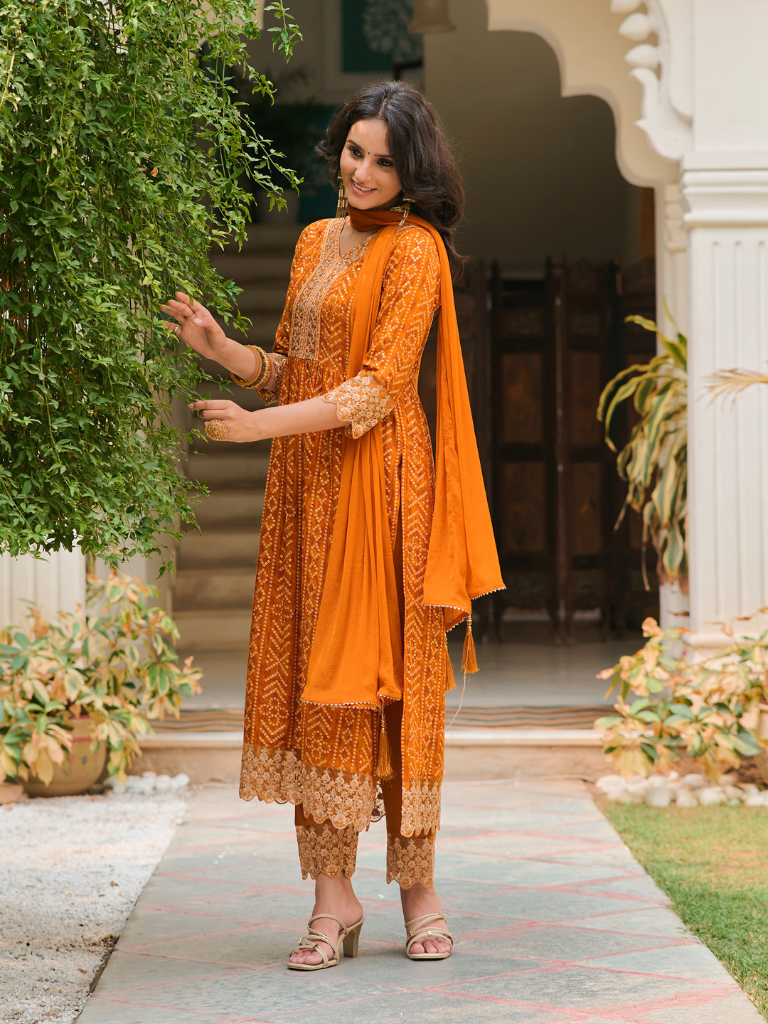 Nyra Cut Embroidered & Bandhani Printed Kurta With Lace Embroidered Pant & Dupatta, Mustard - Hiral Fashion