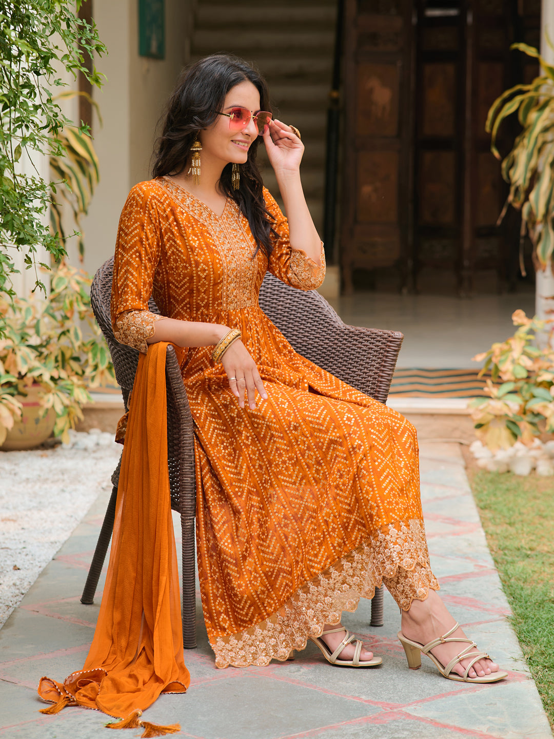 Nyra Cut Embroidered & Bandhani Printed Kurta With Lace Embroidered Pant & Dupatta, Mustard - Hiral Fashion