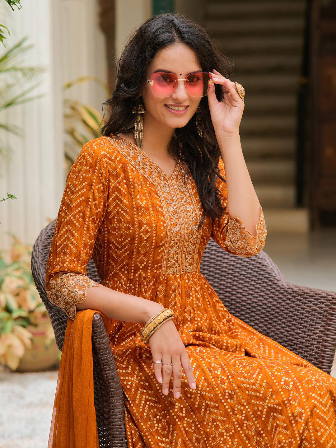 Nyra Cut Embroidered & Bandhani Printed Kurta With Lace Embroidered Pant & Dupatta, Mustard - Hiral Fashion