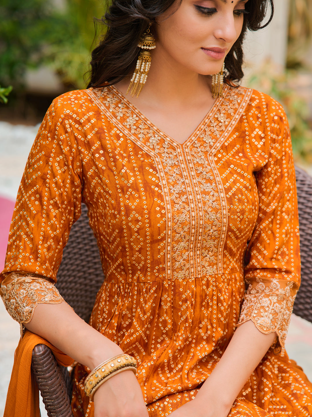 Nyra Cut Embroidered & Bandhani Printed Kurta With Lace Embroidered Pant & Dupatta, Mustard - Hiral Fashion