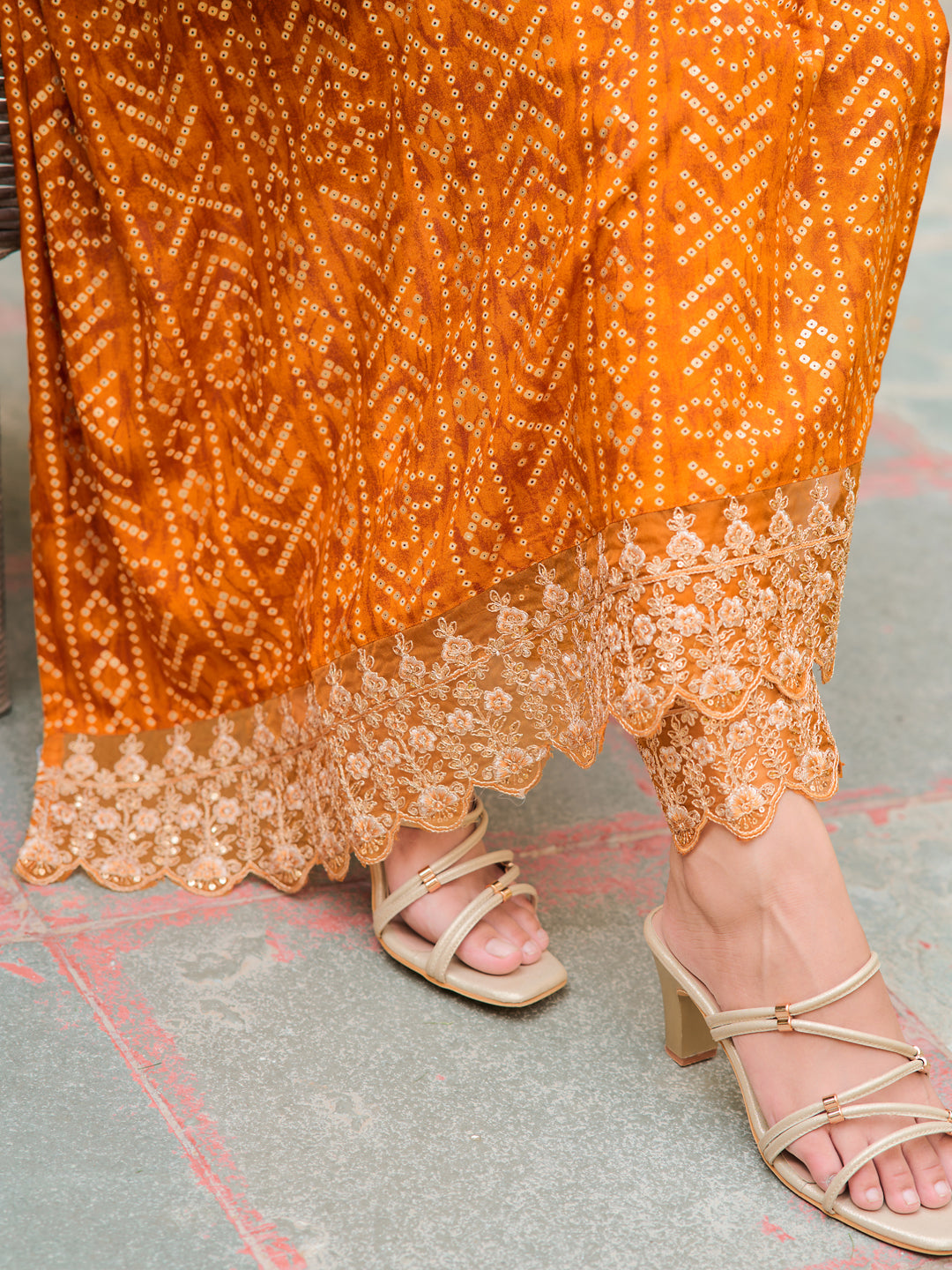 Nyra Cut Embroidered & Bandhani Printed Kurta With Lace Embroidered Pant & Dupatta, Mustard - Hiral Fashion