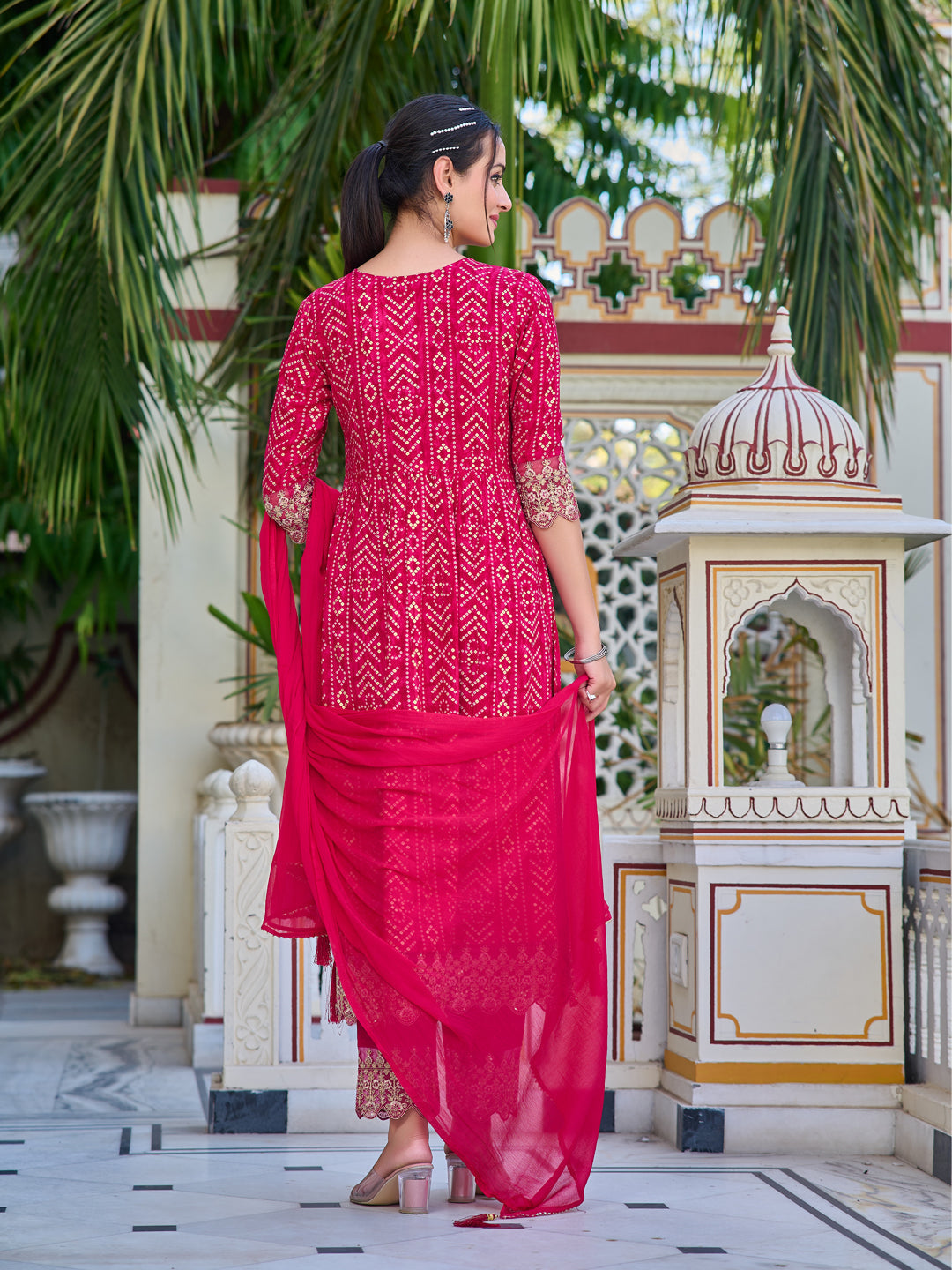 Nyra Cut Embroidered & Bandhani Printed Kurta With Lace Embroidered Pant & Dupatta, Rani - Hiral Fashion
