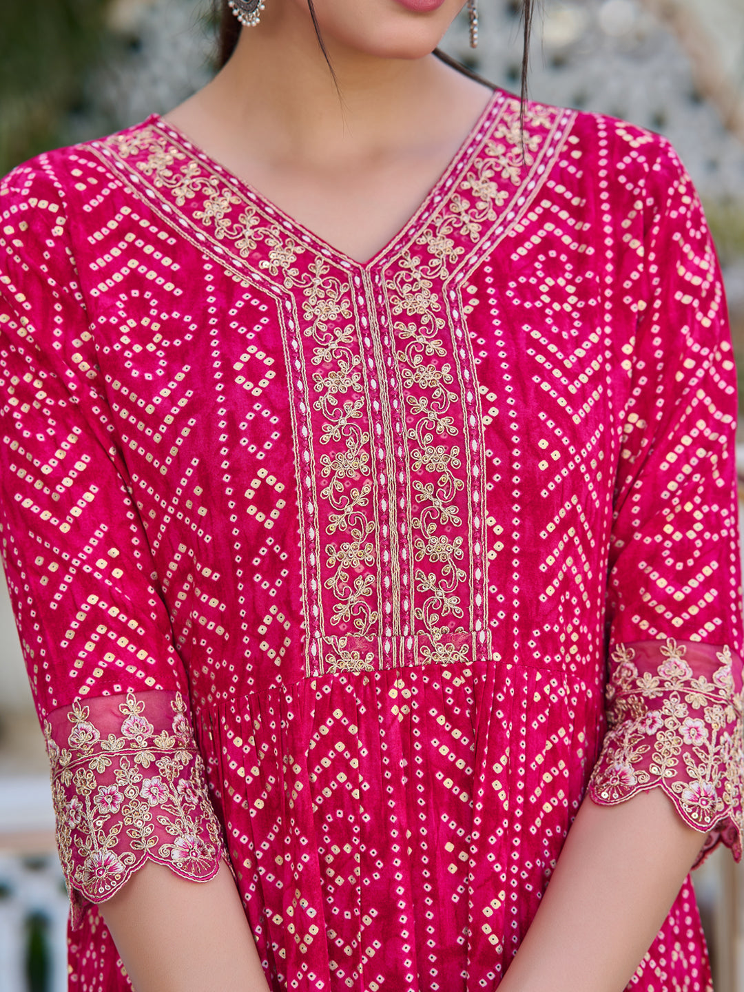 Nyra Cut Embroidered & Bandhani Printed Kurta With Lace Embroidered Pant & Dupatta, Rani - Hiral Fashion
