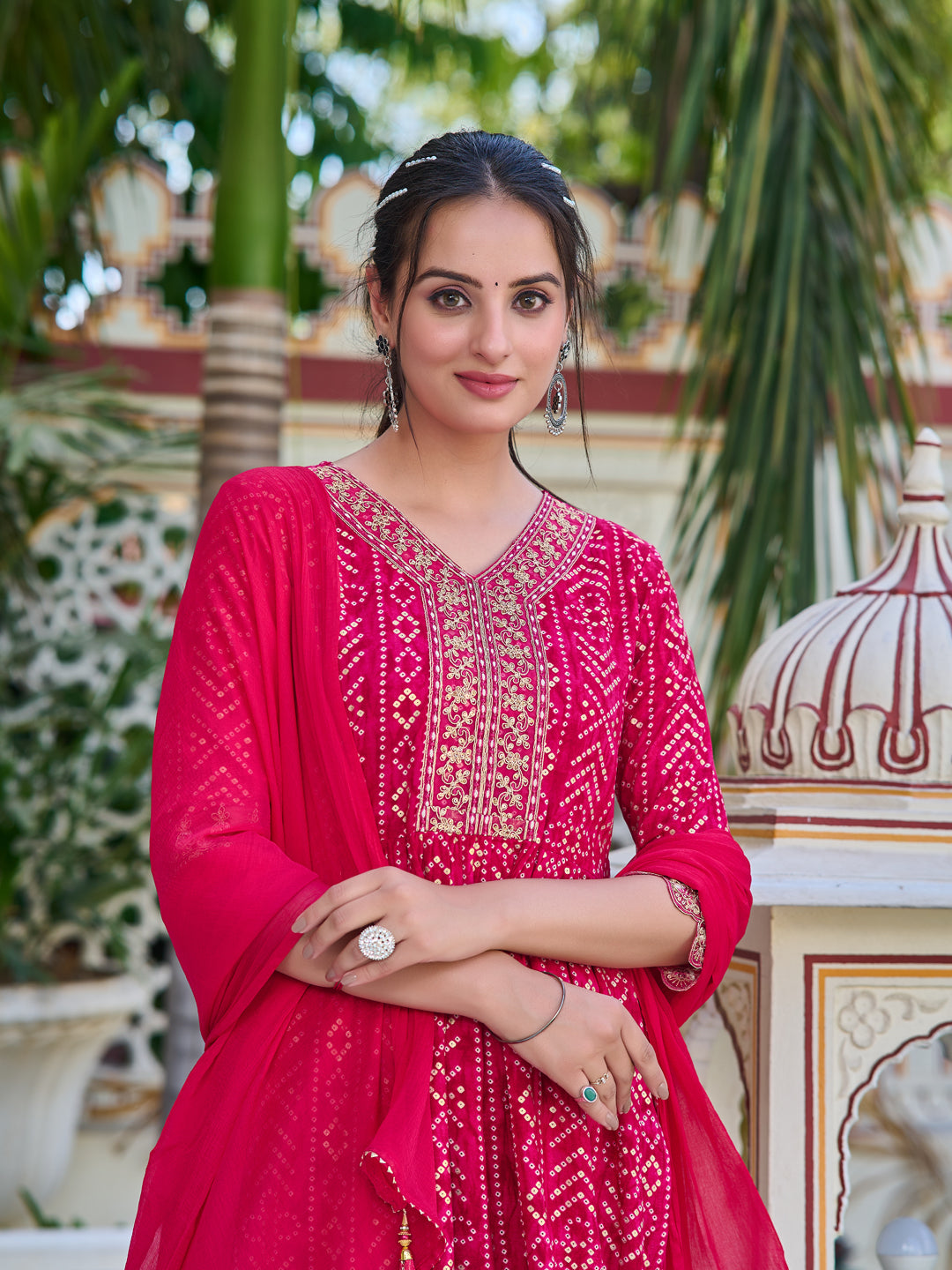 Nyra Cut Embroidered & Bandhani Printed Kurta With Lace Embroidered Pant & Dupatta, Rani - Hiral Fashion