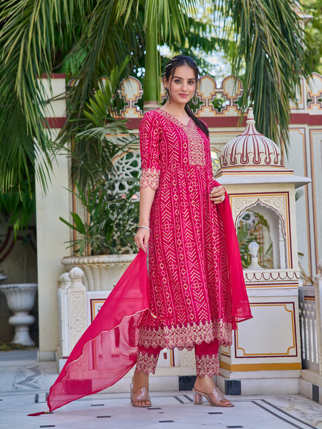 Nyra Cut Embroidered & Bandhani Printed Kurta With Lace Embroidered Pant & Dupatta, Rani - Hiral Fashion