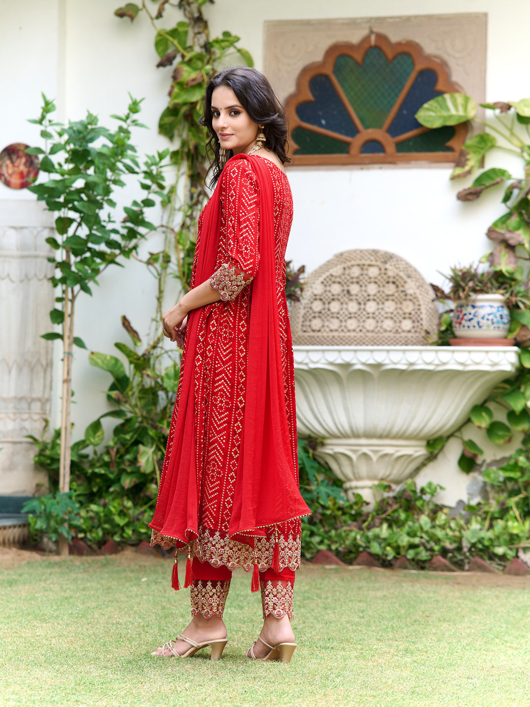 Nyra Cut Embroidered & Bandhani Printed Kurta With Lace Embroidered Pant & Dupatta, Red - Hiral Fashion