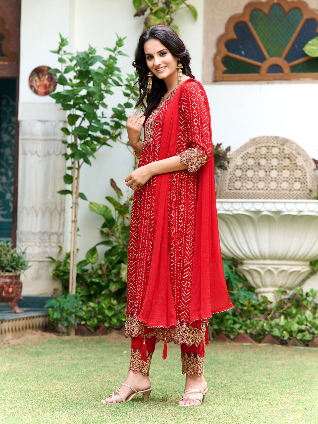 Nyra Cut Embroidered & Bandhani Printed Kurta With Lace Embroidered Pant & Dupatta, Red - Hiral Fashion