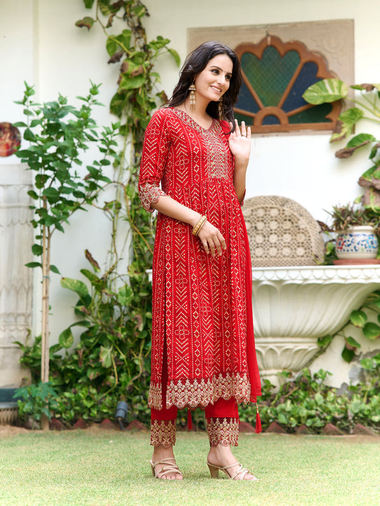 Nyra Cut Embroidered & Bandhani Printed Kurta With Lace Embroidered Pant & Dupatta, Red - Hiral Fashion