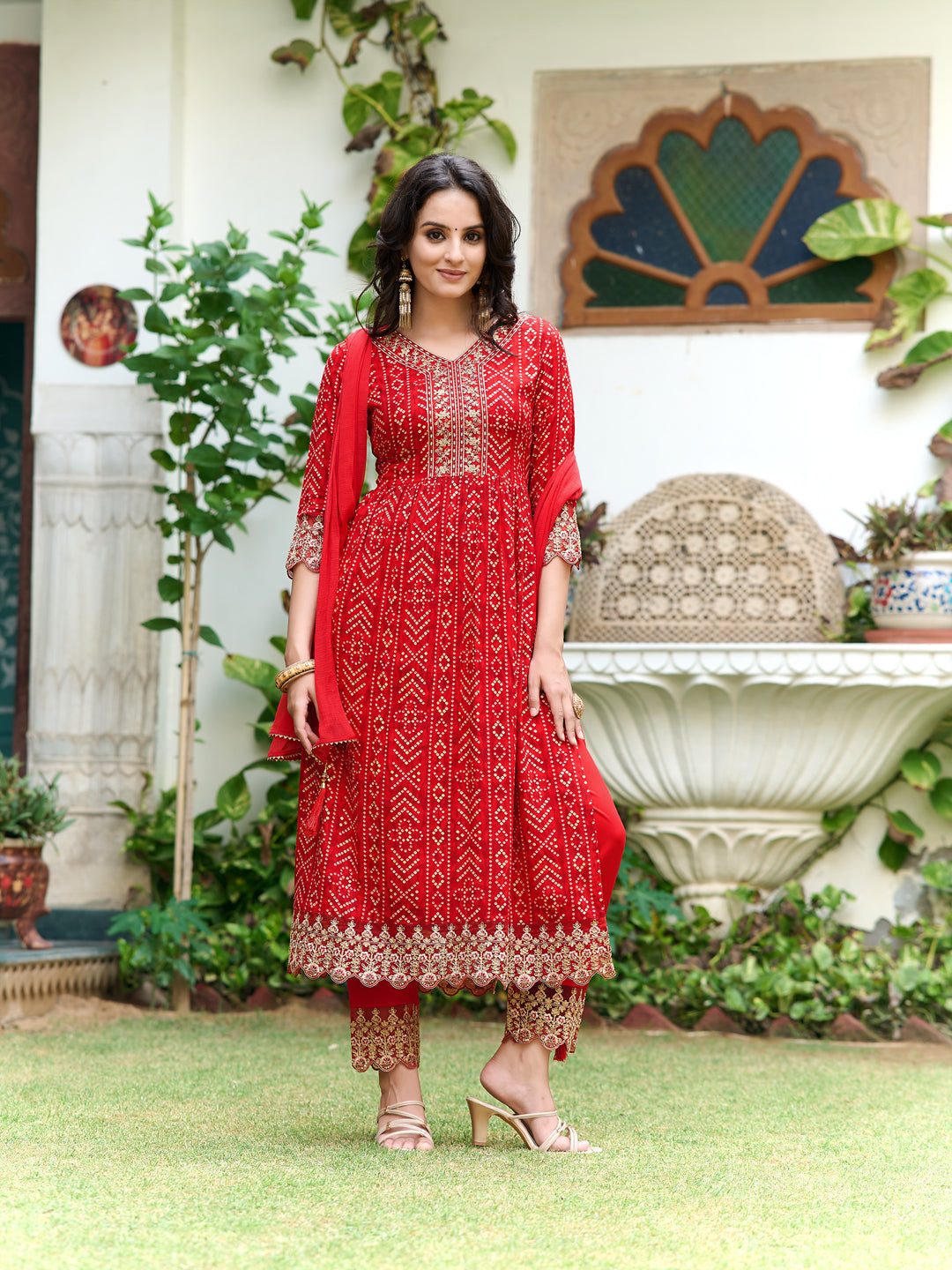 Nyra Cut Embroidered & Bandhani Printed Kurta With Lace Embroidered Pant & Dupatta, Red - Hiral Fashion