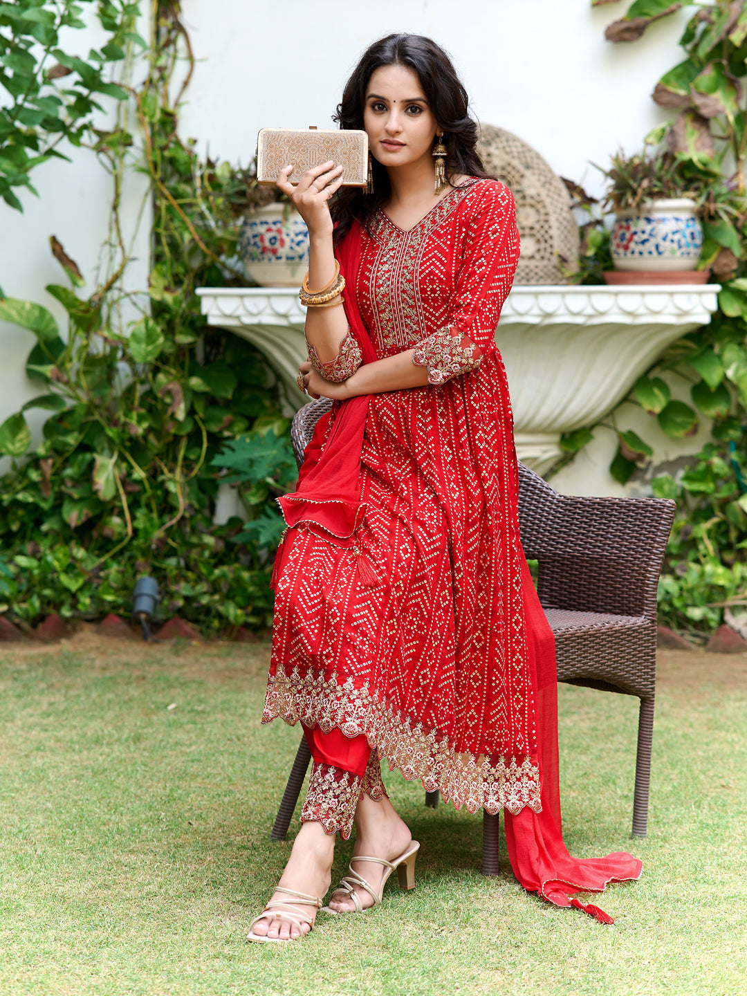 Nyra Cut Embroidered & Bandhani Printed Kurta With Lace Embroidered Pant & Dupatta, Red - Hiral Fashion