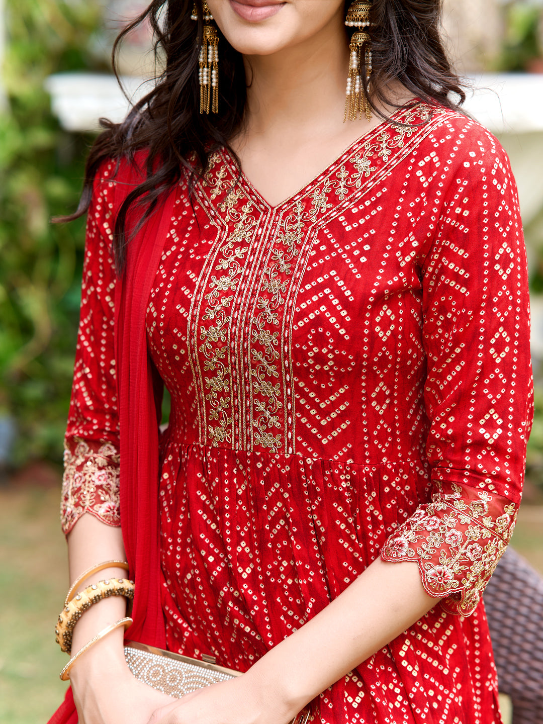 Nyra Cut Embroidered & Bandhani Printed Kurta With Lace Embroidered Pant & Dupatta, Red - Hiral Fashion