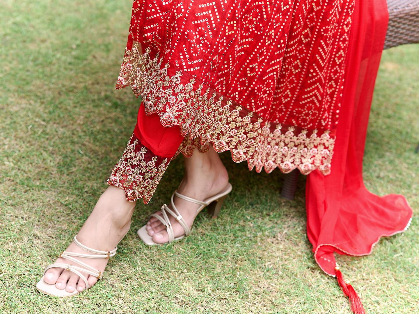 Nyra Cut Embroidered & Bandhani Printed Kurta With Lace Embroidered Pant & Dupatta, Red - Hiral Fashion