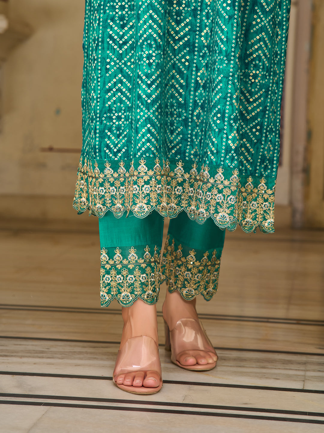 Nyra Cut Embroidered & Bandhani Printed Kurta With Lace Embroidered Pant & Dupatta, Teal - Hiral Fashion