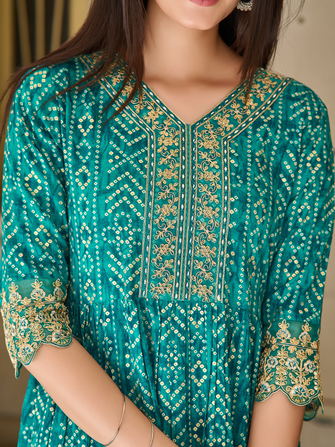 Nyra Cut Embroidered & Bandhani Printed Kurta With Lace Embroidered Pant & Dupatta, Teal - Hiral Fashion