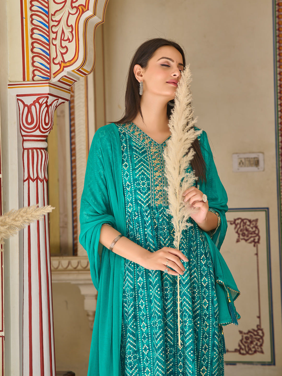 Nyra Cut Embroidered & Bandhani Printed Kurta With Lace Embroidered Pant & Dupatta, Teal - Hiral Fashion