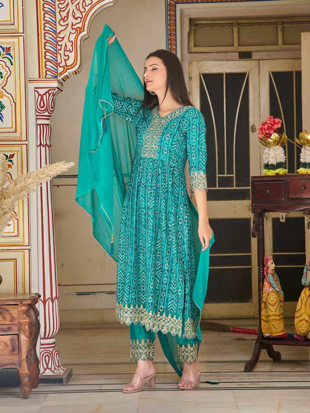 Nyra Cut Embroidered & Bandhani Printed Kurta With Lace Embroidered Pant & Dupatta, Teal - Hiral Fashion