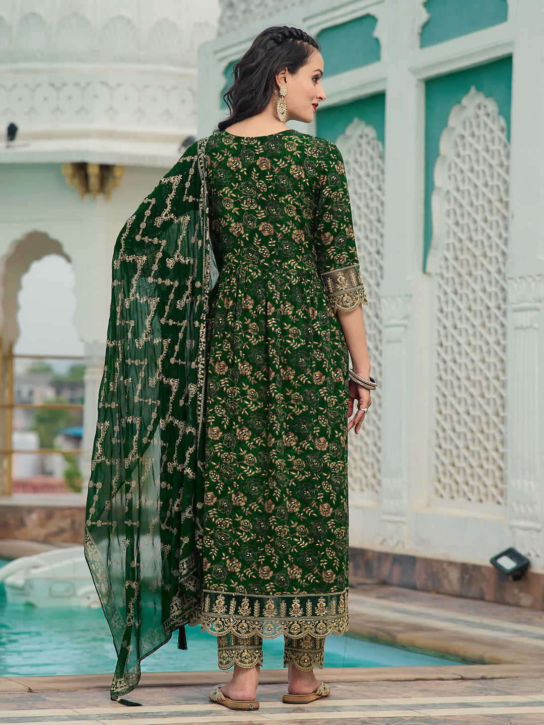 Nyra Cut Embroidered & Floral Printed Kurta With Pant & Foil Print Dupatta, Green - Hiral Fashion