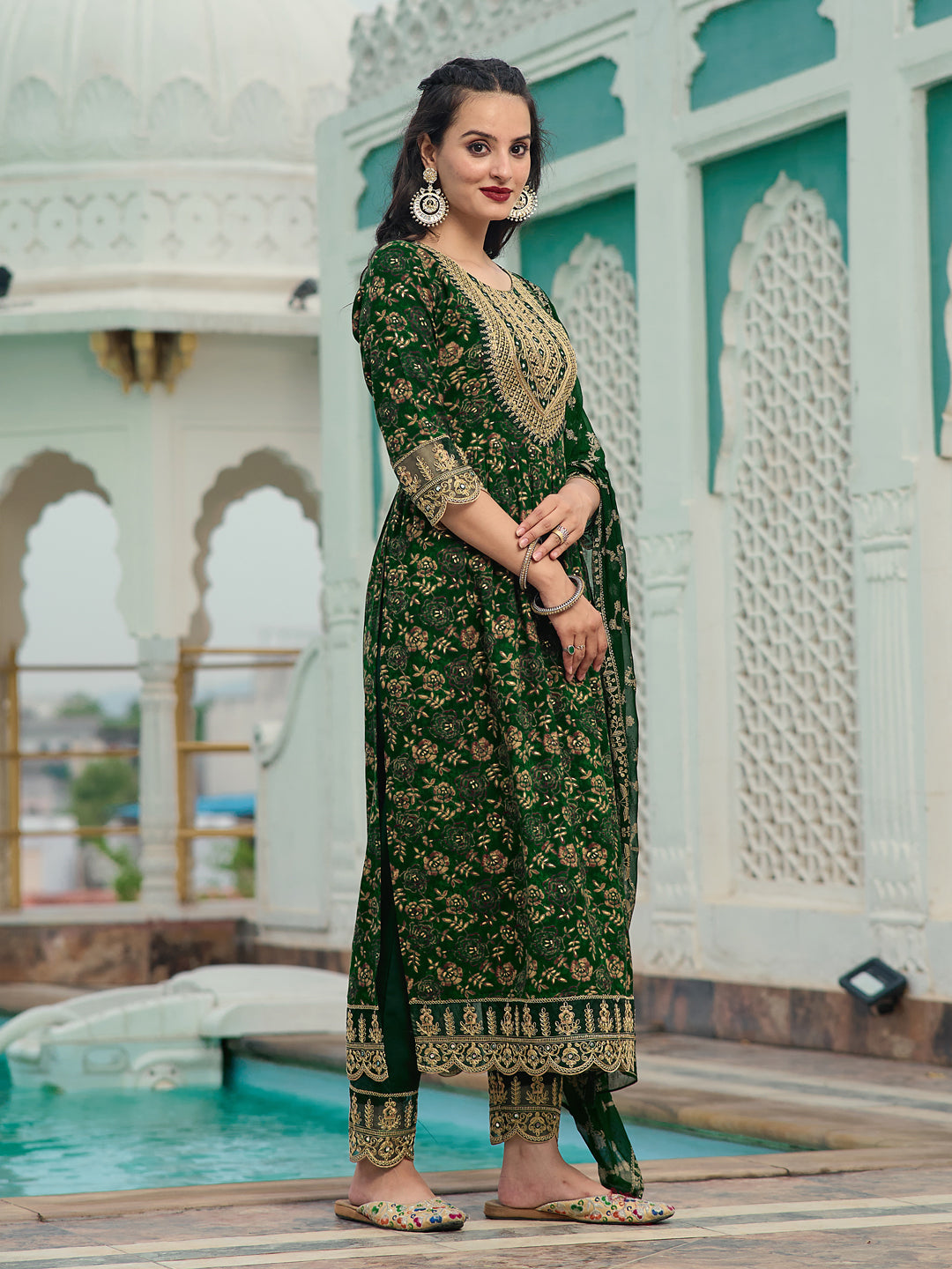 Nyra Cut Embroidered & Floral Printed Kurta With Pant & Foil Print Dupatta, Green - Hiral Fashion