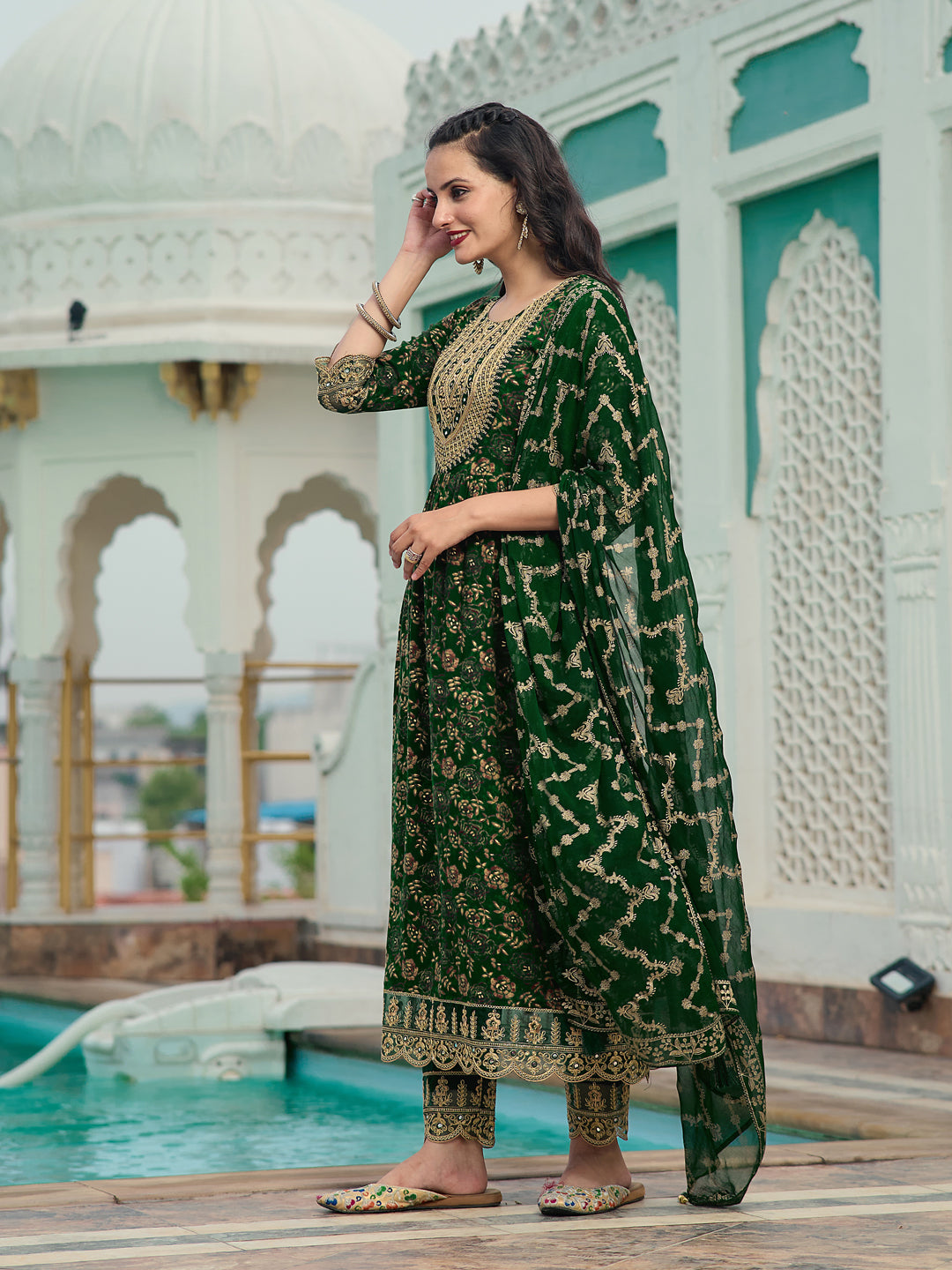 Nyra Cut Embroidered & Floral Printed Kurta With Pant & Foil Print Dupatta, Green - Hiral Fashion
