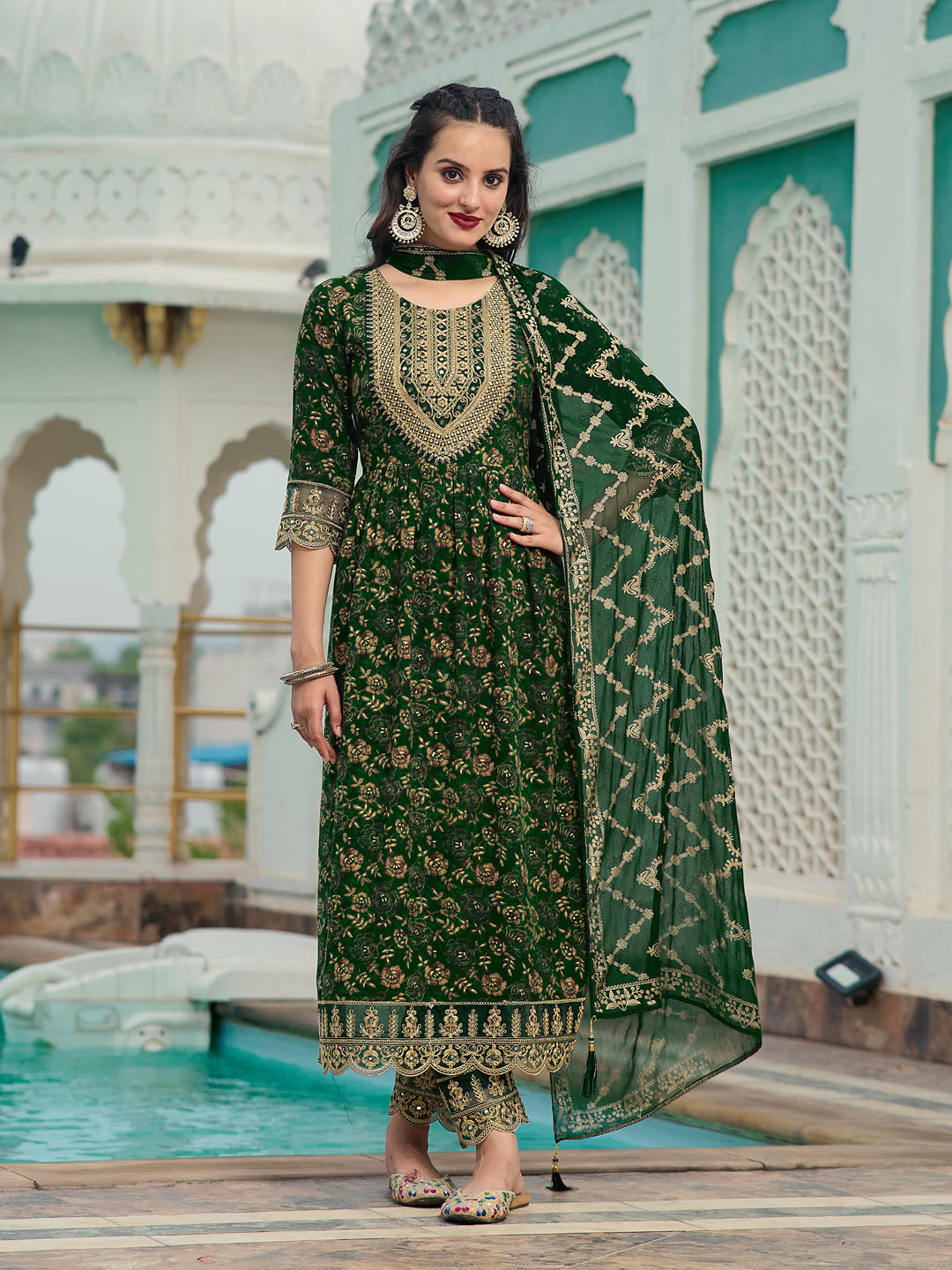 Nyra Cut Embroidered & Floral Printed Kurta With Pant & Foil Print Dupatta, Green - Hiral Fashion