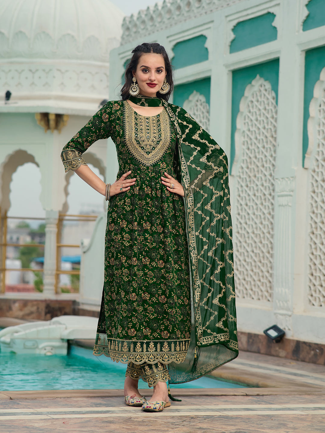 Nyra Cut Embroidered & Floral Printed Kurta With Pant & Foil Print Dupatta, Green - Hiral Fashion
