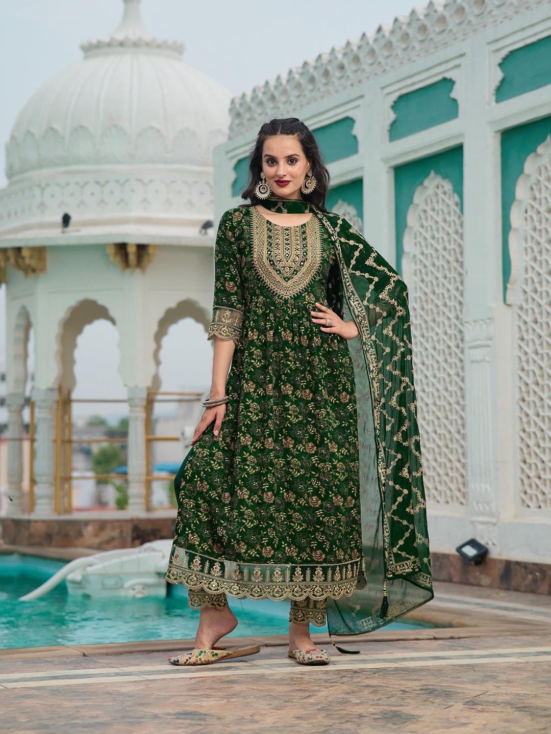 Nyra Cut Embroidered & Floral Printed Kurta With Pant & Foil Print Dupatta, Green - Hiral Fashion