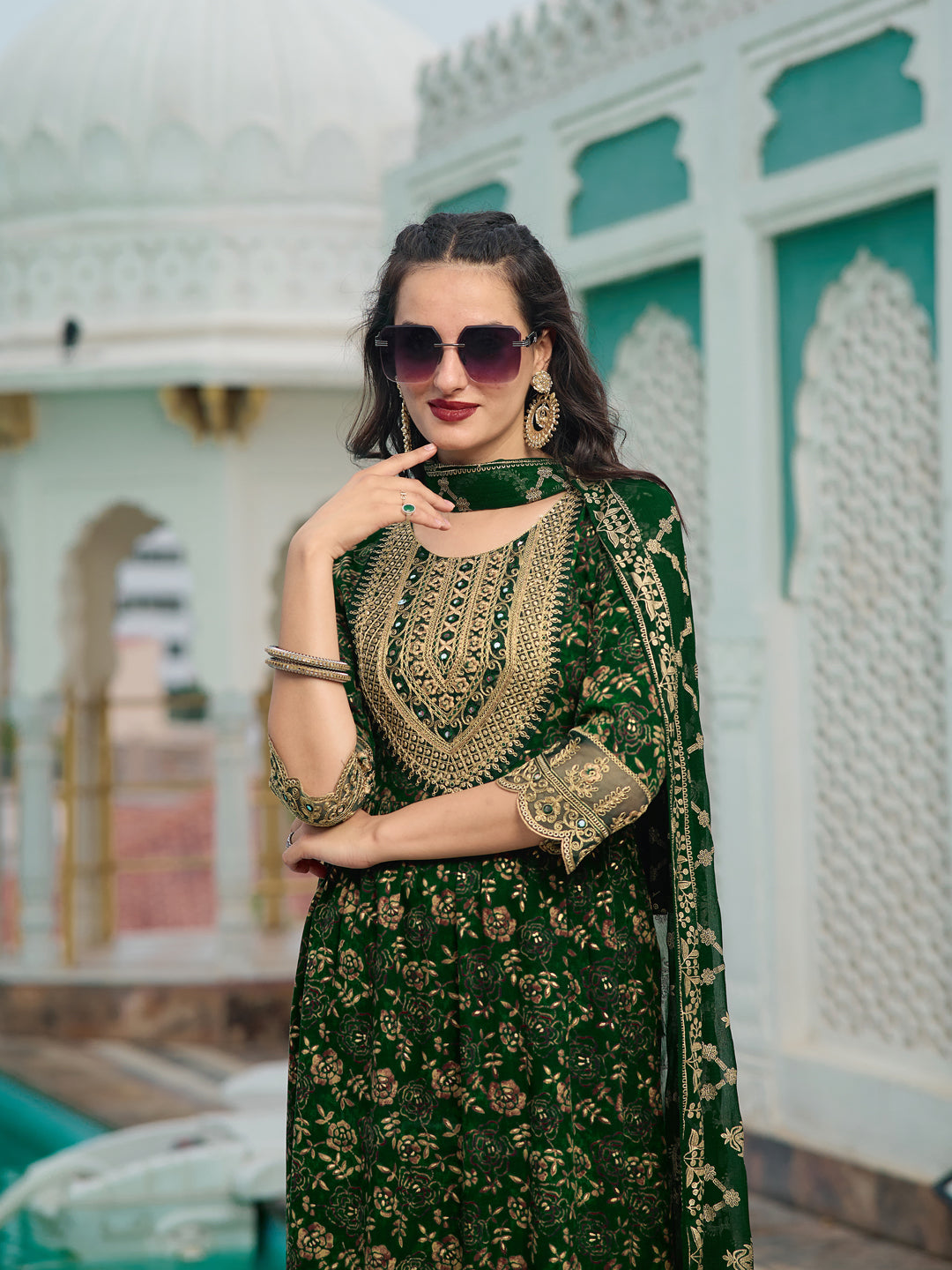 Nyra Cut Embroidered & Floral Printed Kurta With Pant & Foil Print Dupatta, Green - Hiral Fashion
