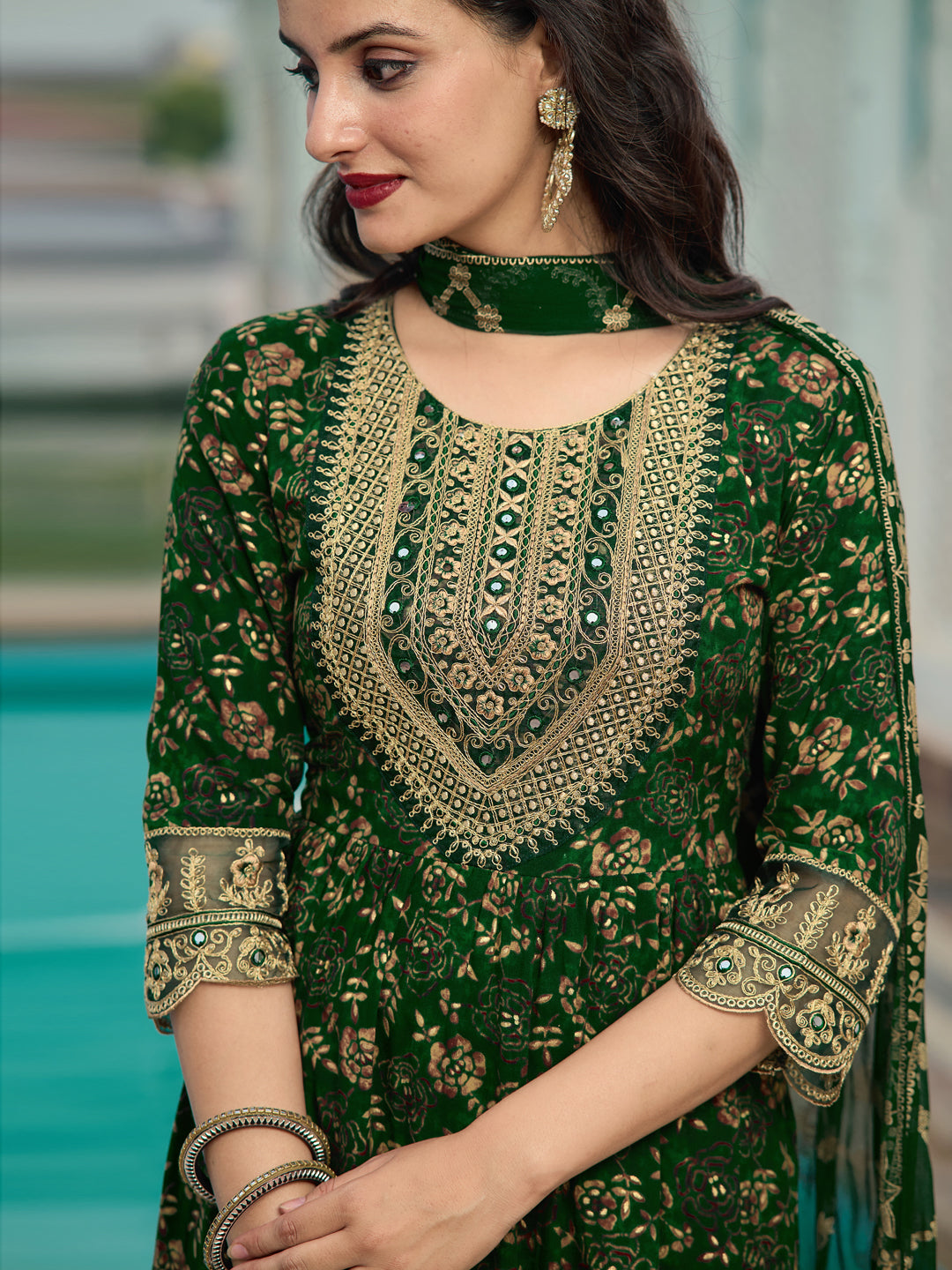 Nyra Cut Embroidered & Floral Printed Kurta With Pant & Foil Print Dupatta, Green - Hiral Fashion
