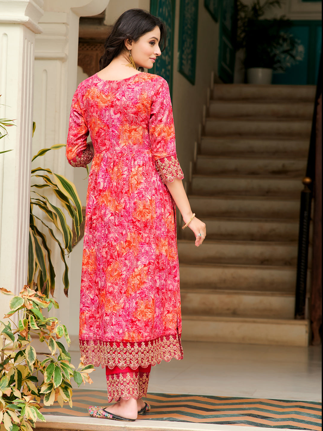 Nyra Cut Embroidered & Printed Kurta With Pant & Dupatta, Pink - Hiral Fashion