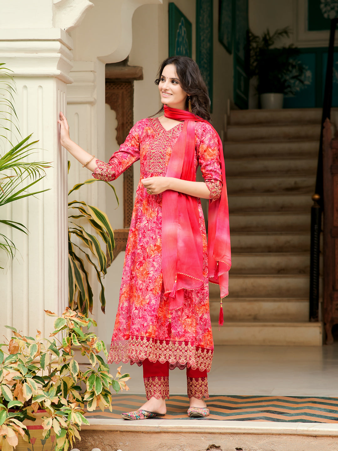 Nyra Cut Embroidered & Printed Kurta With Pant & Dupatta, Pink - Hiral Fashion