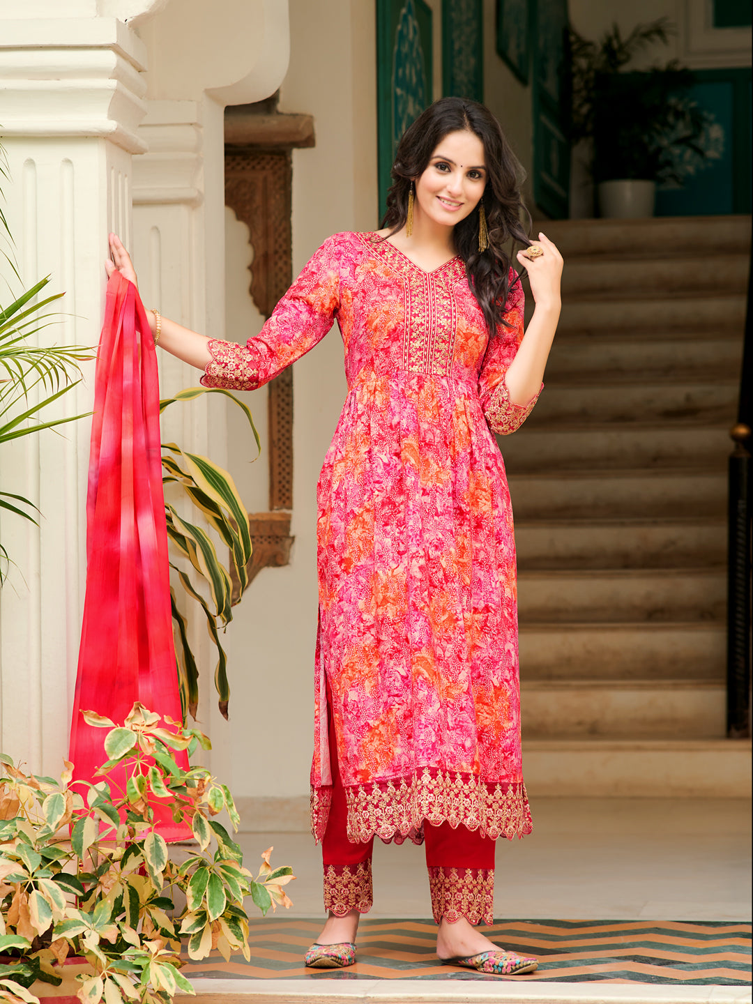 Nyra Cut Embroidered & Printed Kurta With Pant & Dupatta, Pink - Hiral Fashion