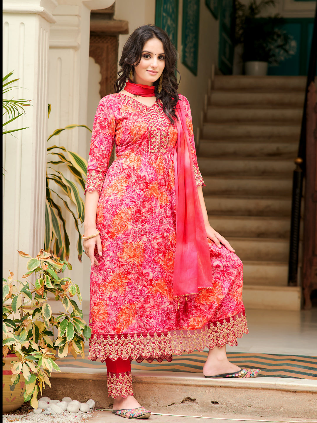 Nyra Cut Embroidered & Printed Kurta With Pant & Dupatta, Pink - Hiral Fashion