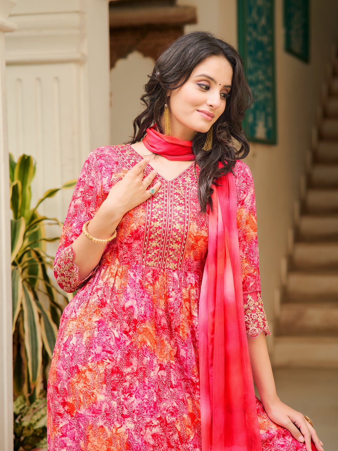 Nyra Cut Embroidered & Printed Kurta With Pant & Dupatta, Pink - Hiral Fashion
